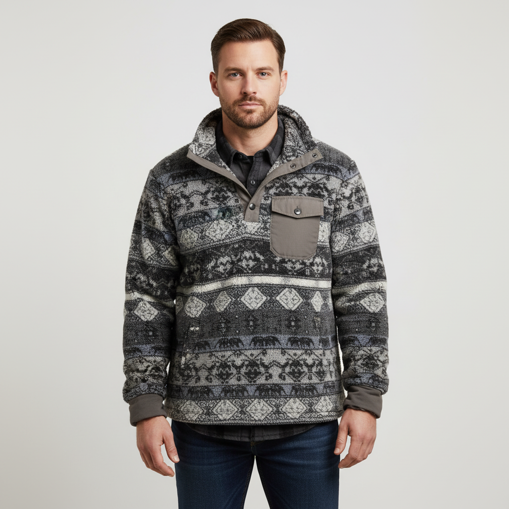 Long-sleeve fleece hoodie with classic pattern and chest pocket
