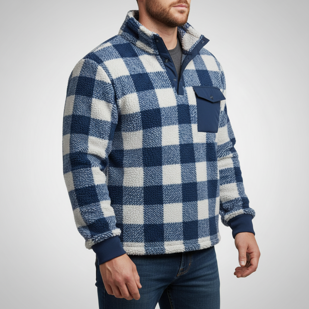 Long-sleeve fleece hoodie with classic pattern and chest pocket