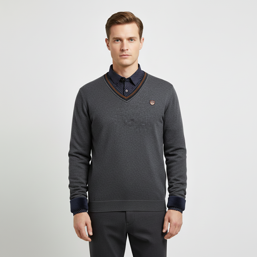 Men's fleece pullover with shawl collar and dotted sleeves