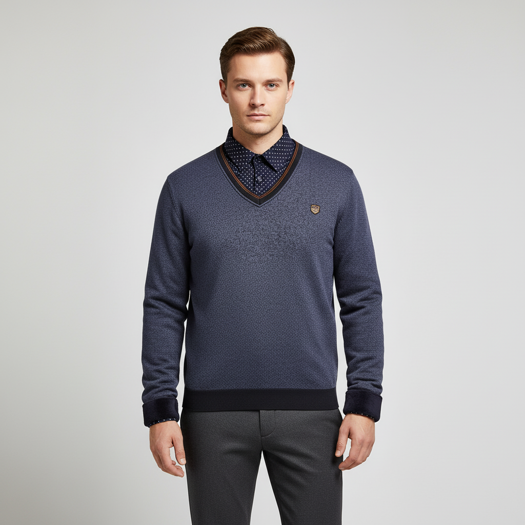 Men's fleece pullover with shawl collar and dotted sleeves