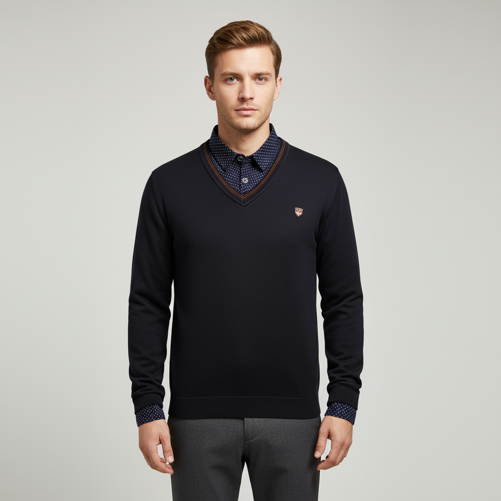 Men's fleece pullover with shawl collar and dotted sleeves