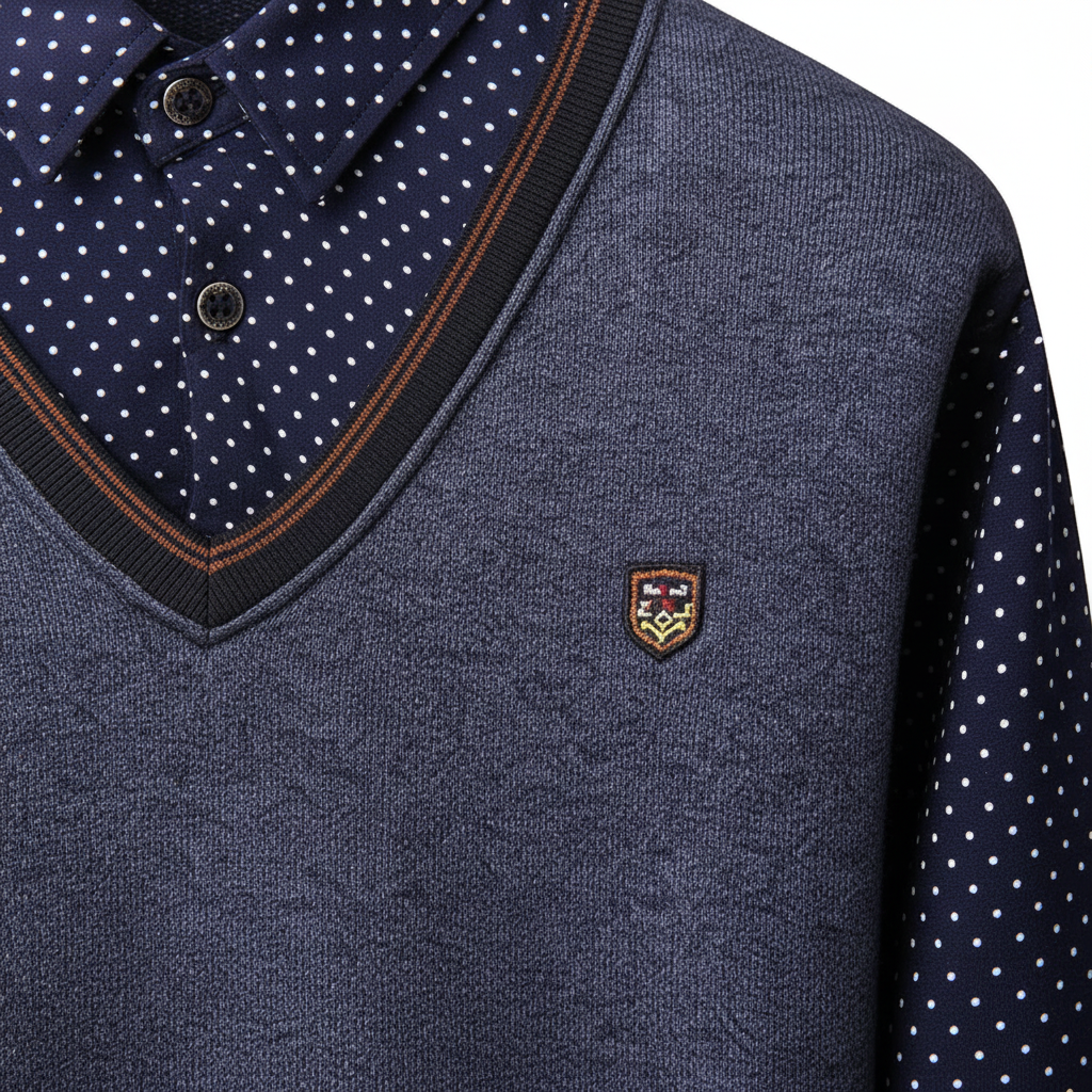 Men's fleece pullover with shawl collar and dotted sleeves
