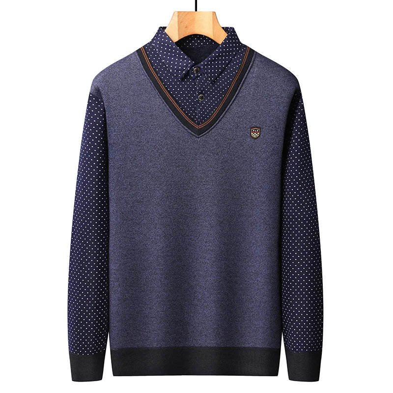 Men's fleece pullover with shawl collar and dotted sleeves