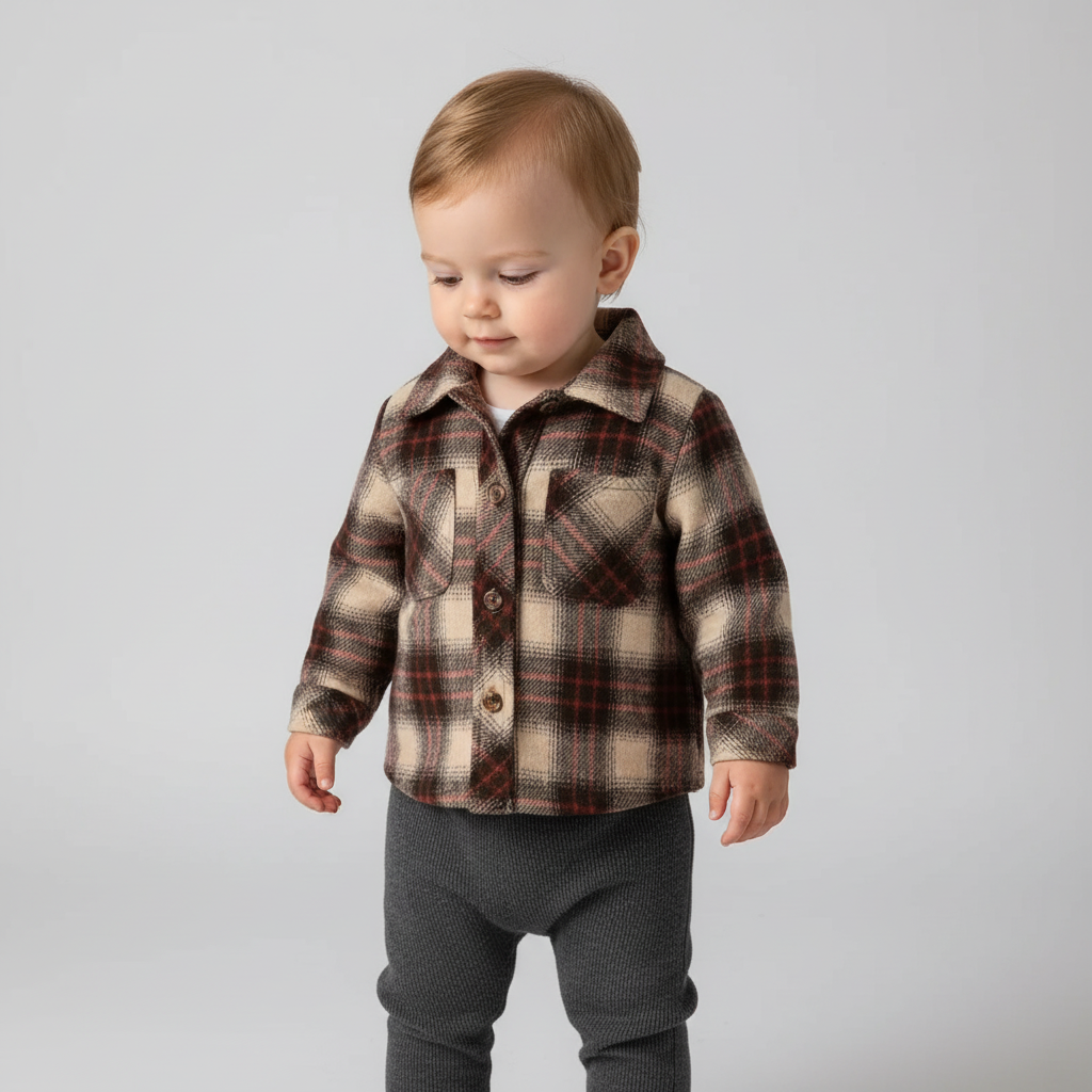 Baby long-sleeve check shirt with button front and turn-down collar