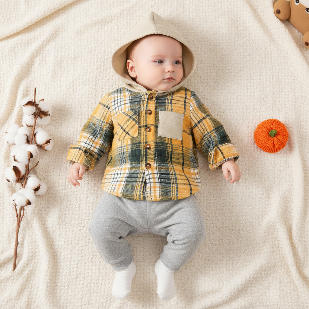 Baby hooded plaid hoodie with soft cotton-polyester blend