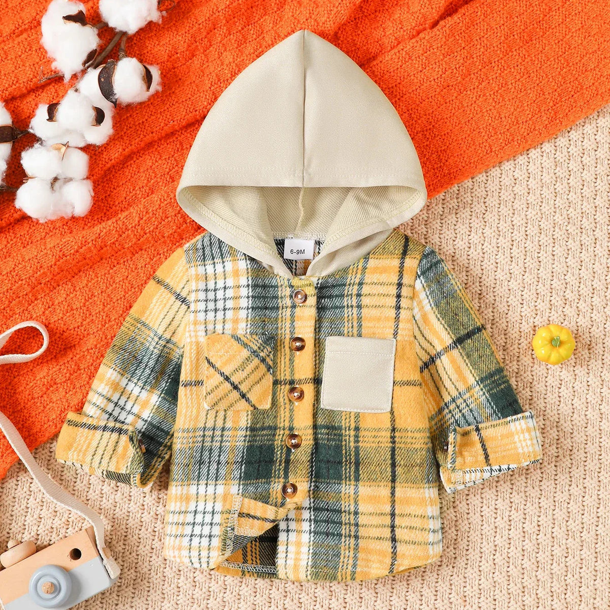 Baby hooded plaid hoodie with soft cotton-polyester blend