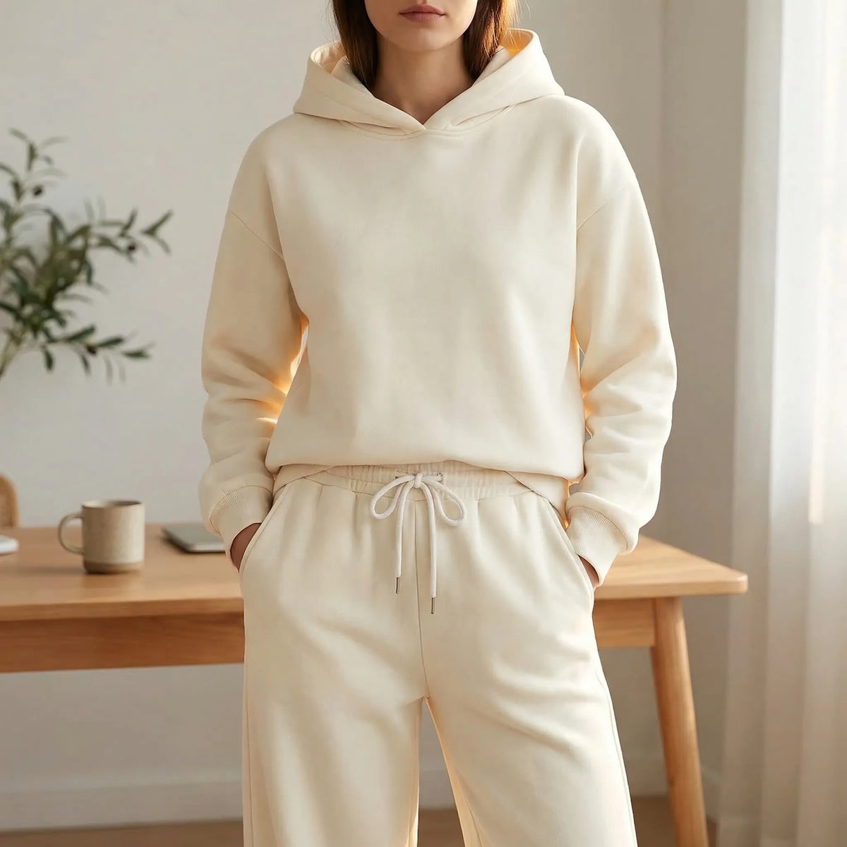 Women's hooded pullover and wide-leg trouser set with fleece lining