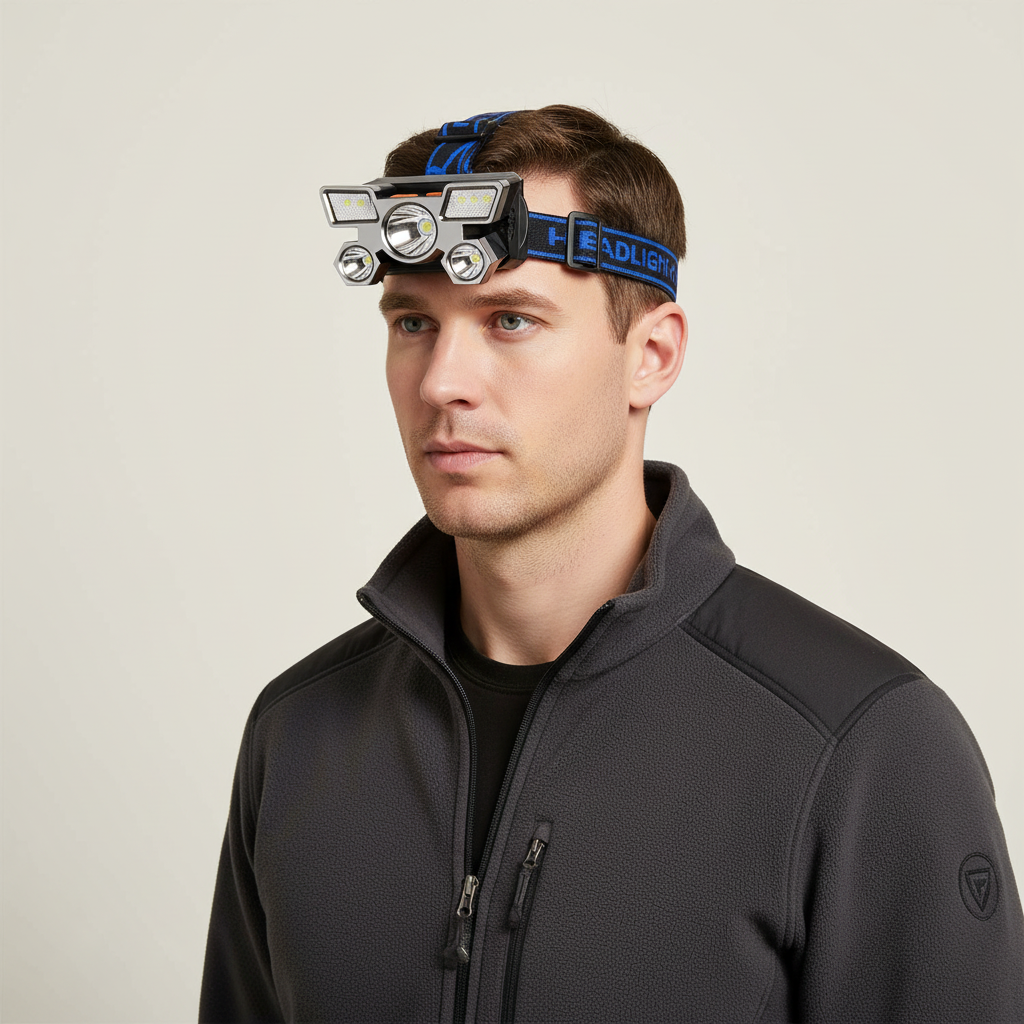Rechargeable LED headlamp with adjustable tilt angle and USB charging