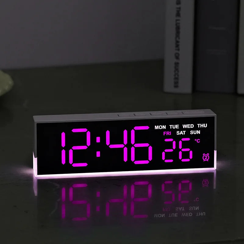 Digital alarm clock with large LED display, mood light and temperature sensor