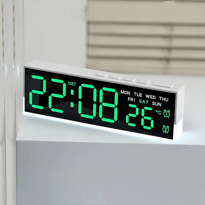 Digital alarm clock with large LED display, mood light and temperature sensor