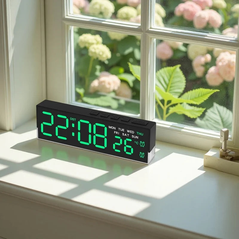 Digital alarm clock with large LED display, mood light and temperature sensor