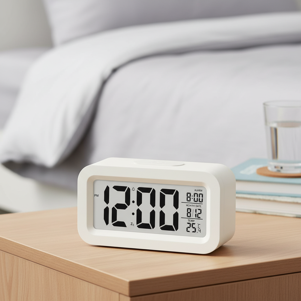Compact LED digital alarm clock with date and temperature display