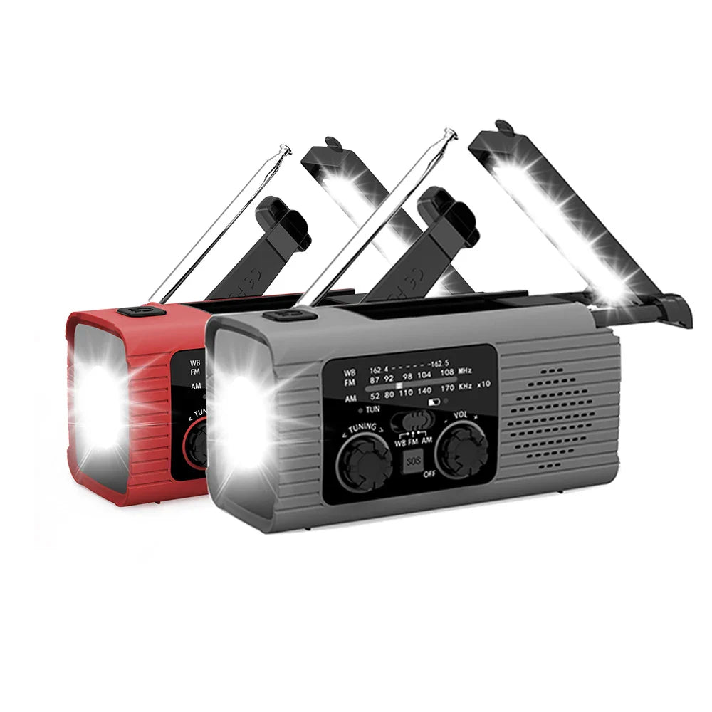 Hand crank emergency radio with solar charging and LED torch