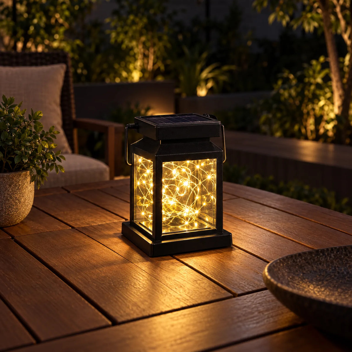 Square solar lantern with 30 LED warm lights and hanging clip