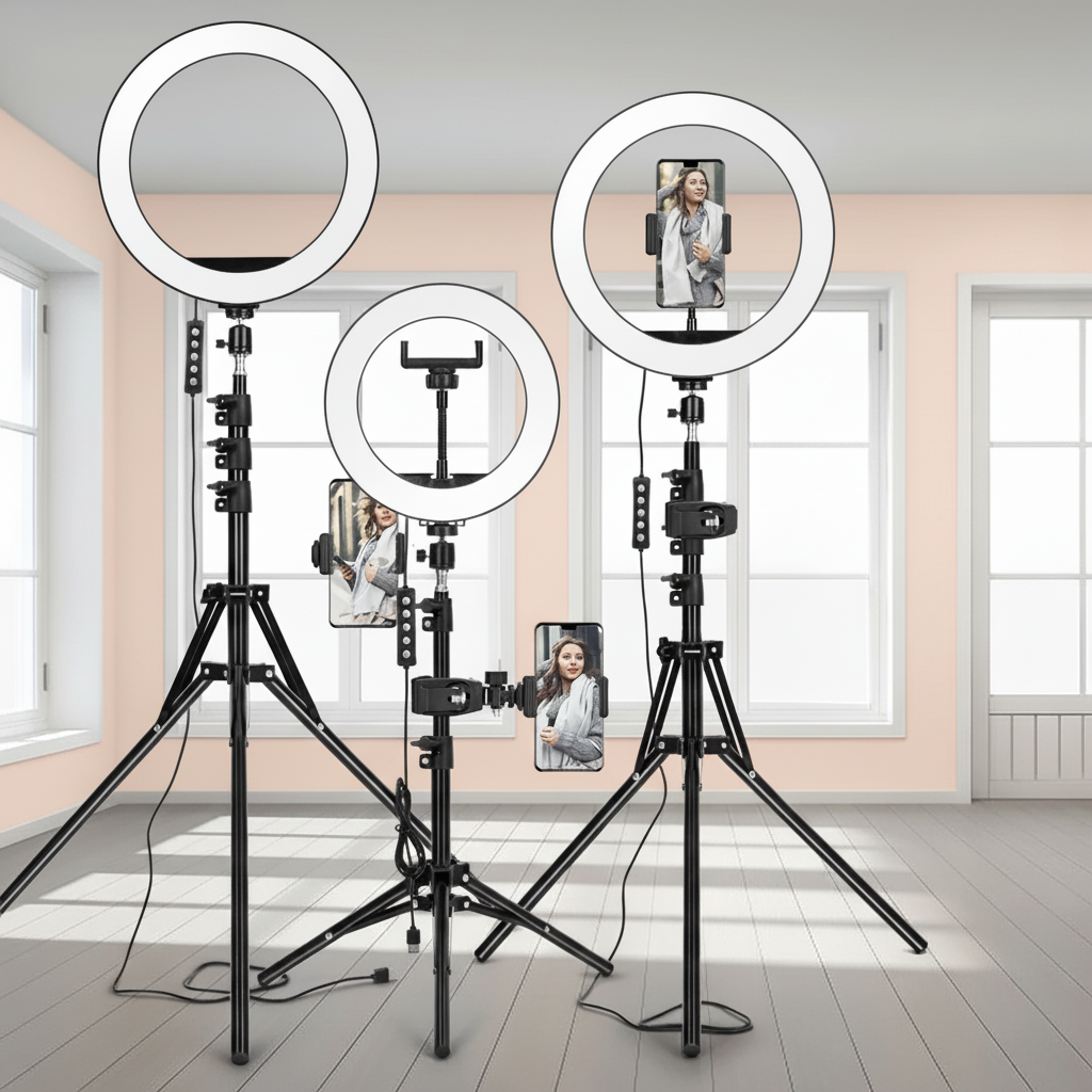 Adjustable ring light tripod with USB power for phone and camera streaming