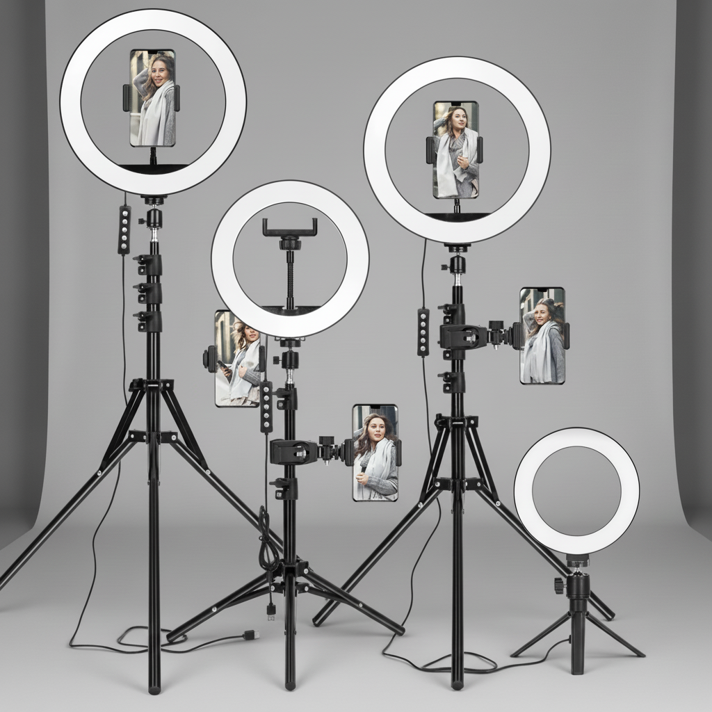 Adjustable ring light tripod with USB power for phone and camera streaming