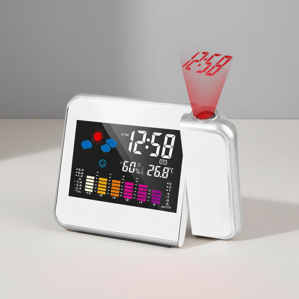 LED projection alarm clock with rotating projector and colour display