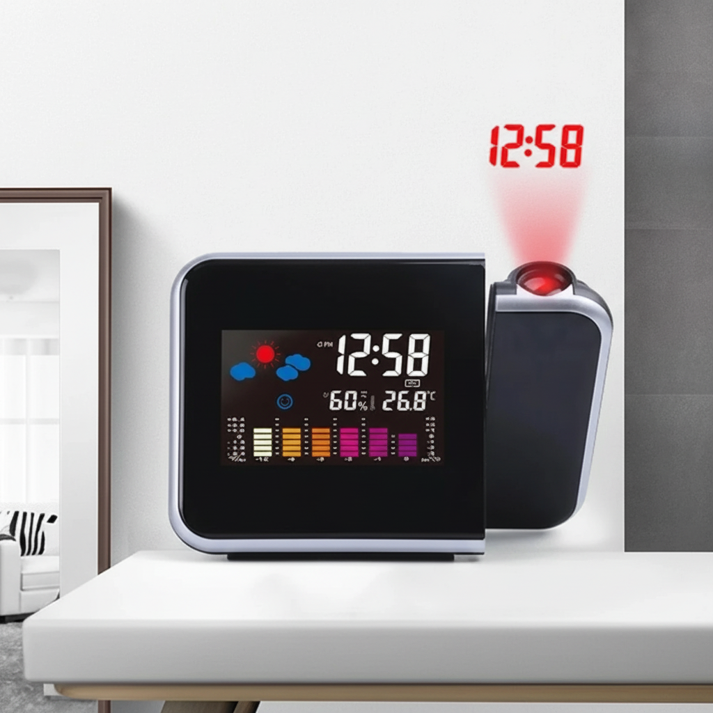 LED projection alarm clock with rotating projector and colour display