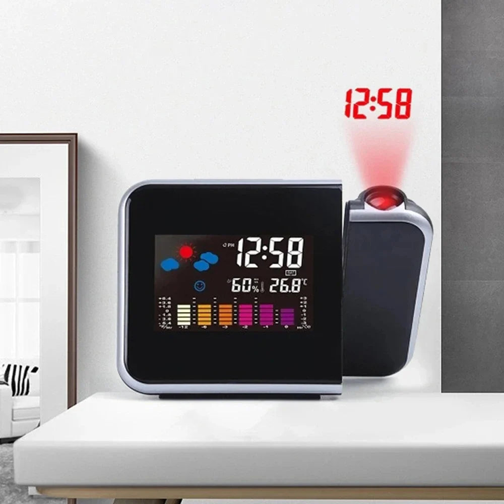 LED projection alarm clock with rotating projector and colour display