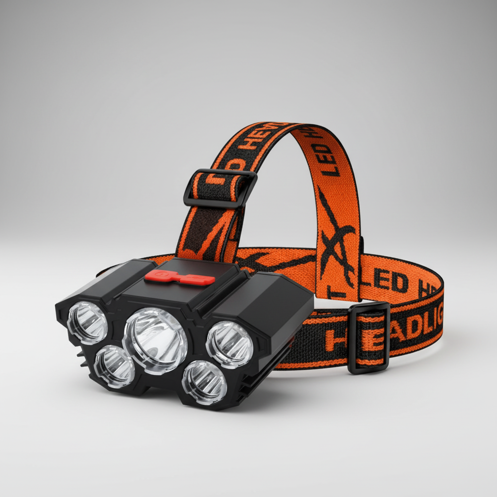 Rechargeable LED headlamp with five LEDs and adjustable strap