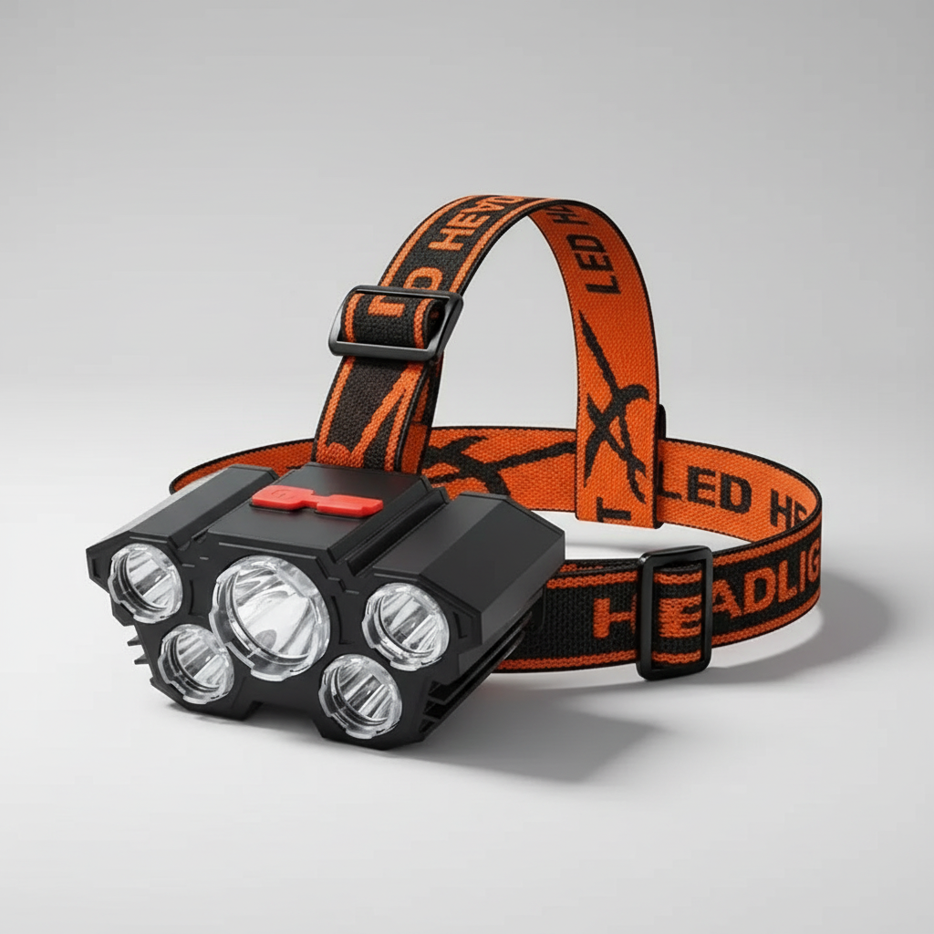 Rechargeable LED headlamp with five LEDs and adjustable strap