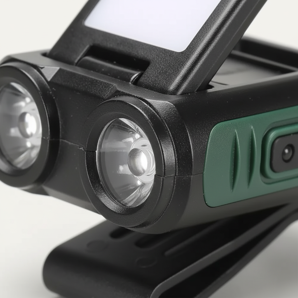 Rechargeable clip headlamp with COB panel and dual LED beams for hands-free outdoor lighting