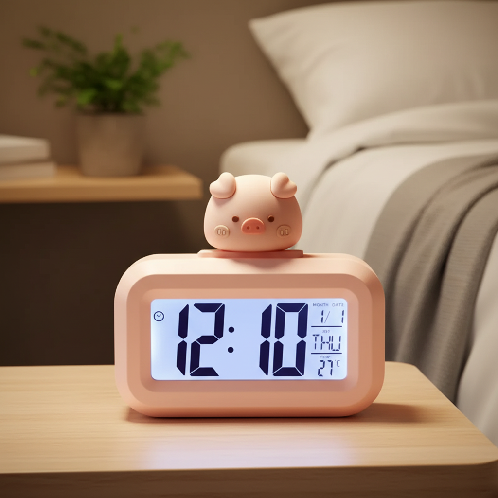 Cute LED digital alarm clock with soft night light and pig topper design