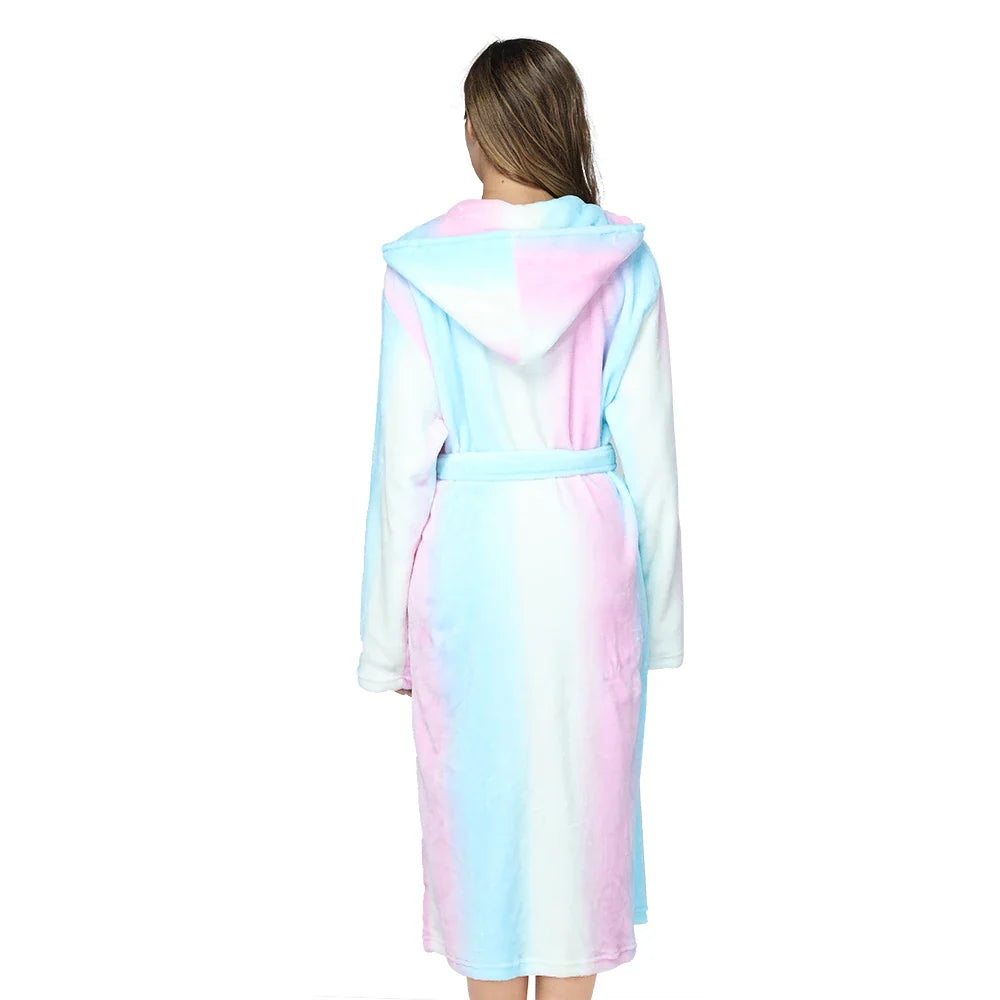 Long hooded robe with rainbow striped design and plush warm lining