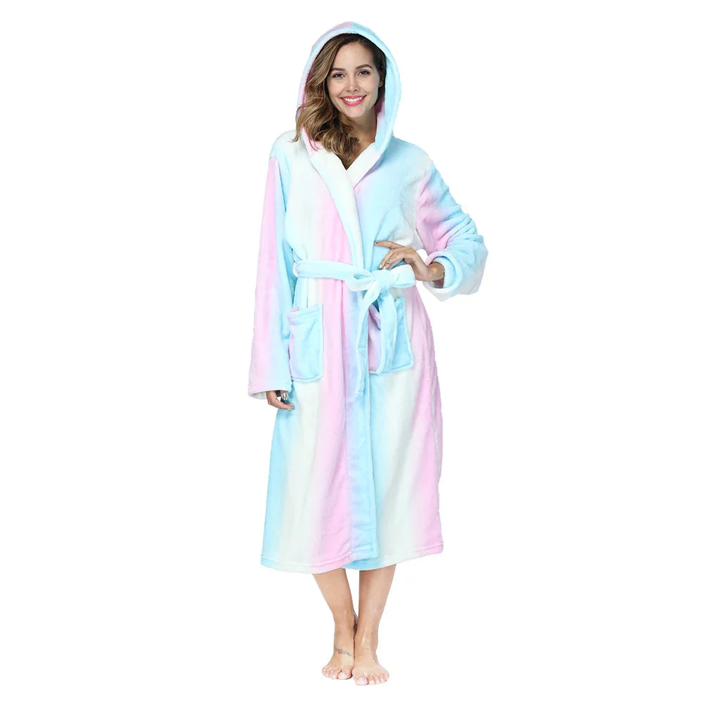 Long hooded robe with rainbow striped design and plush warm lining