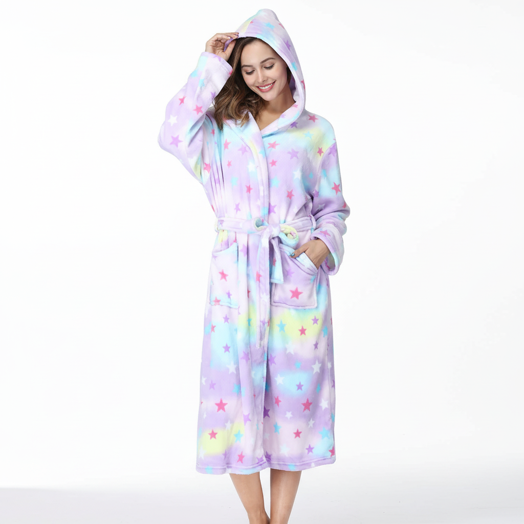 Long hooded robe with rainbow striped design and plush warm lining