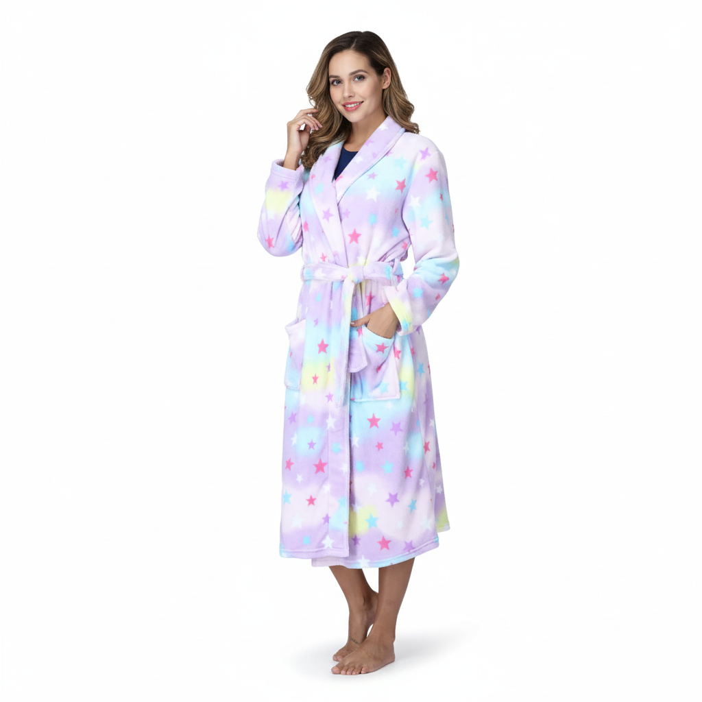 Long hooded robe with rainbow striped design and plush warm lining