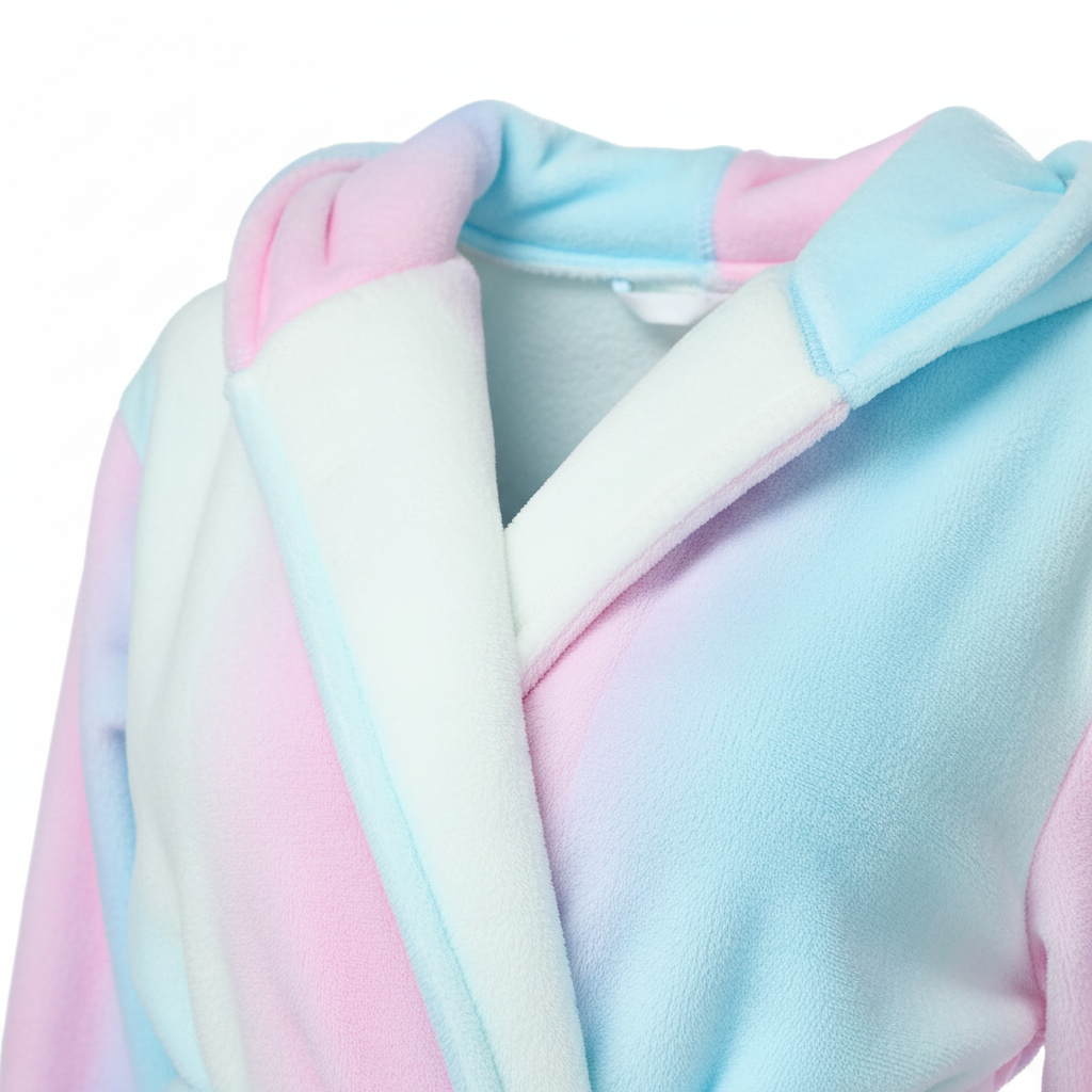 Long hooded robe with rainbow striped design and plush warm lining
