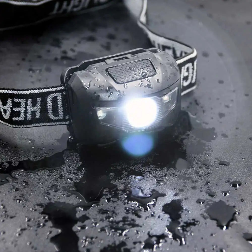 Compact waterproof LED headlamp with adjustable strap and red light mode