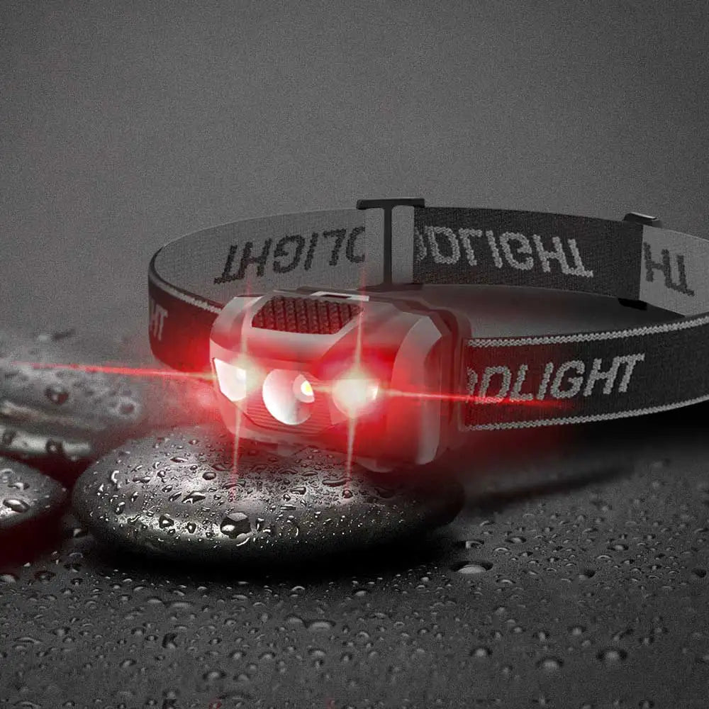 Compact waterproof LED headlamp with adjustable strap and red light mode