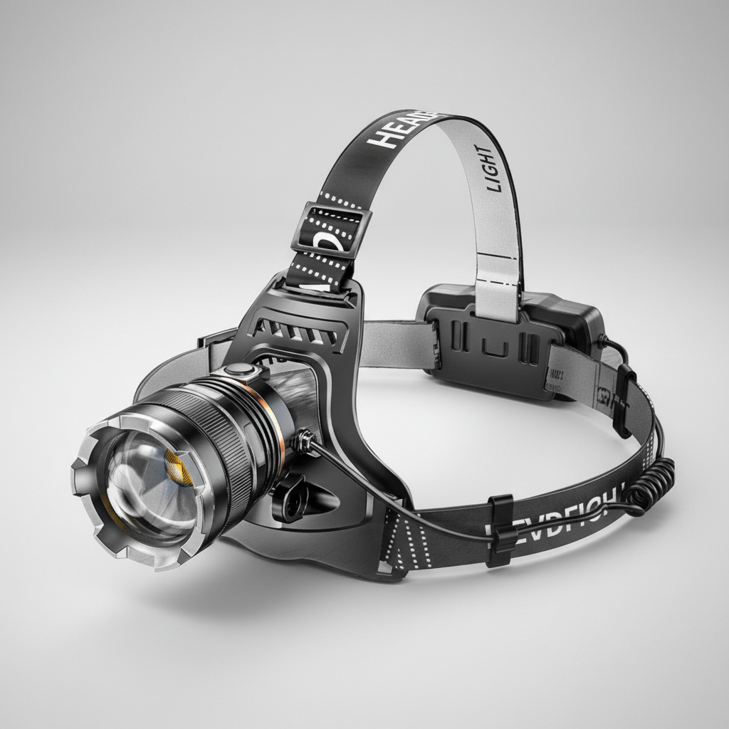 Rechargeable LED headlamp with adjustable straps and waterproof housing