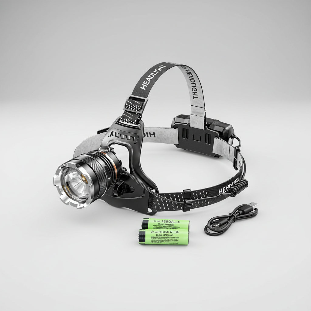 Rechargeable LED headlamp with adjustable straps and waterproof housing