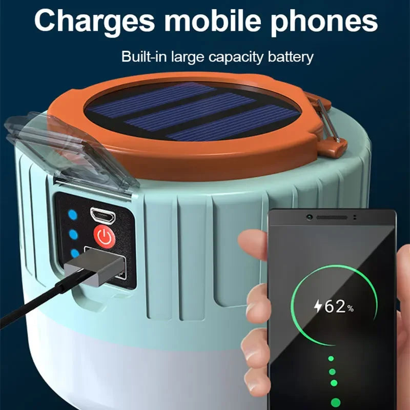 Solar rechargeable camping lantern with USB charging and remote control
