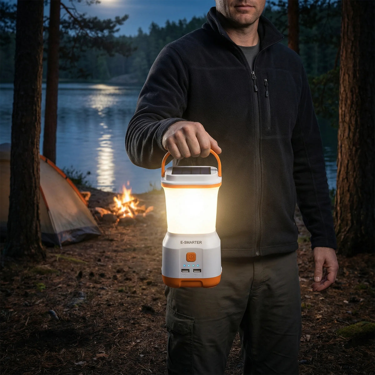 Solar rechargeable camping lantern with USB charging and remote control