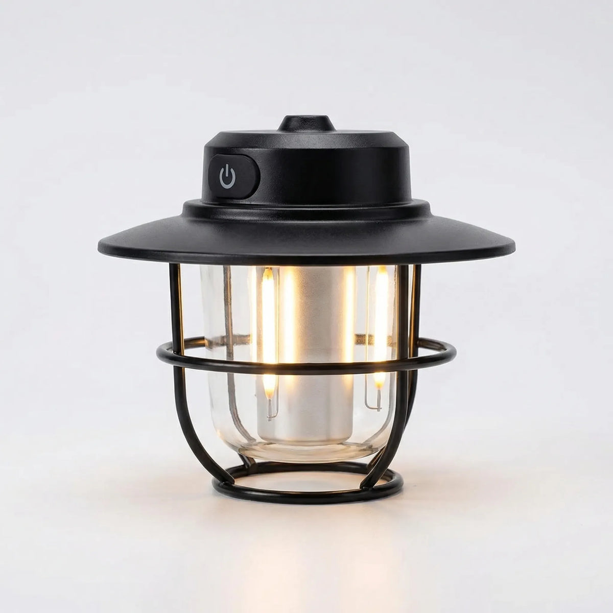 Rechargeable vintage-style camping lantern with waterproof construction and dimmable light