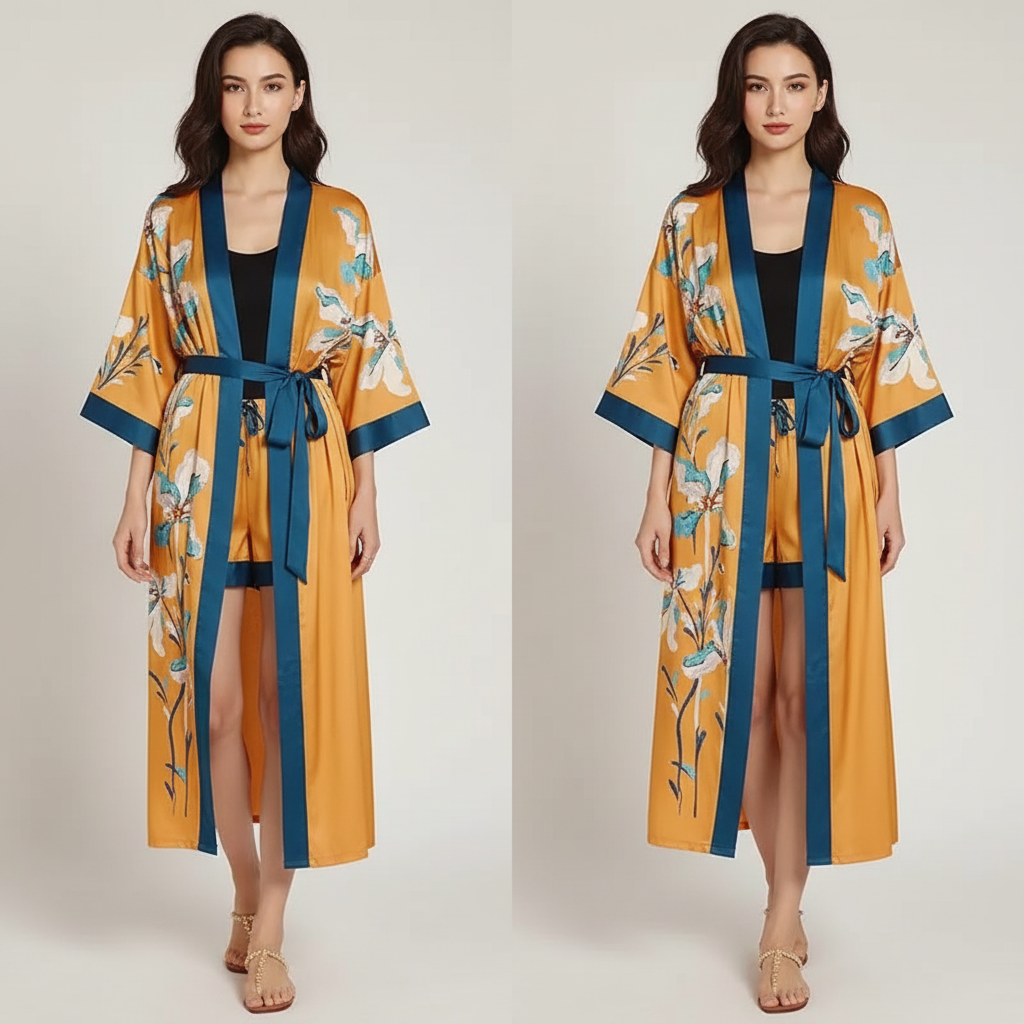 Long floral kimono robe with three quarter sleeves and adjustable waist tie