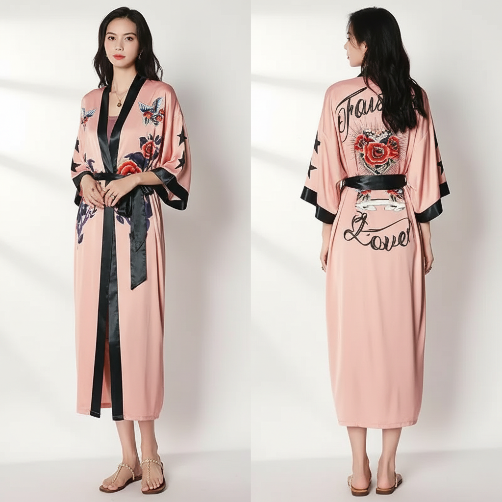Long floral kimono robe with three quarter sleeves and adjustable waist tie