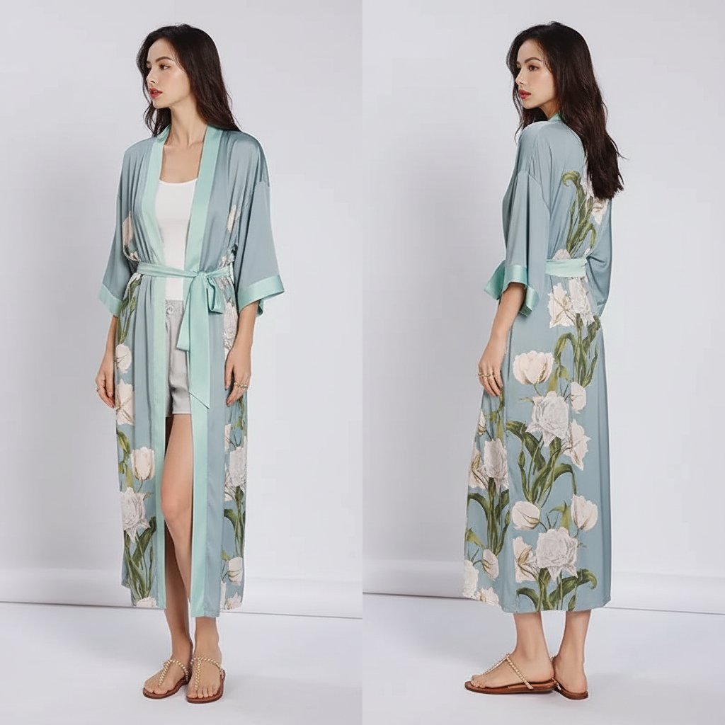 Long floral kimono robe with three quarter sleeves and adjustable waist tie
