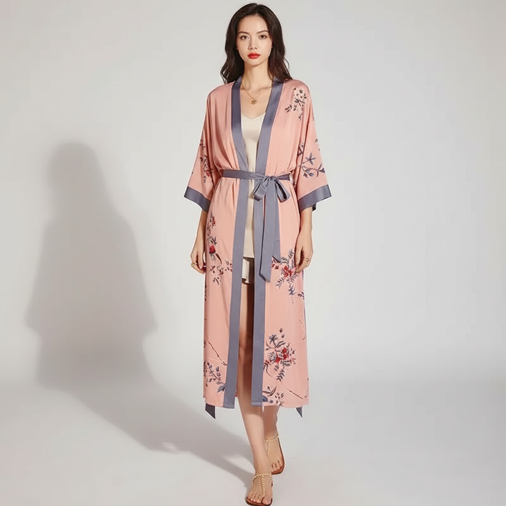 Long floral kimono robe with three quarter sleeves and adjustable waist tie