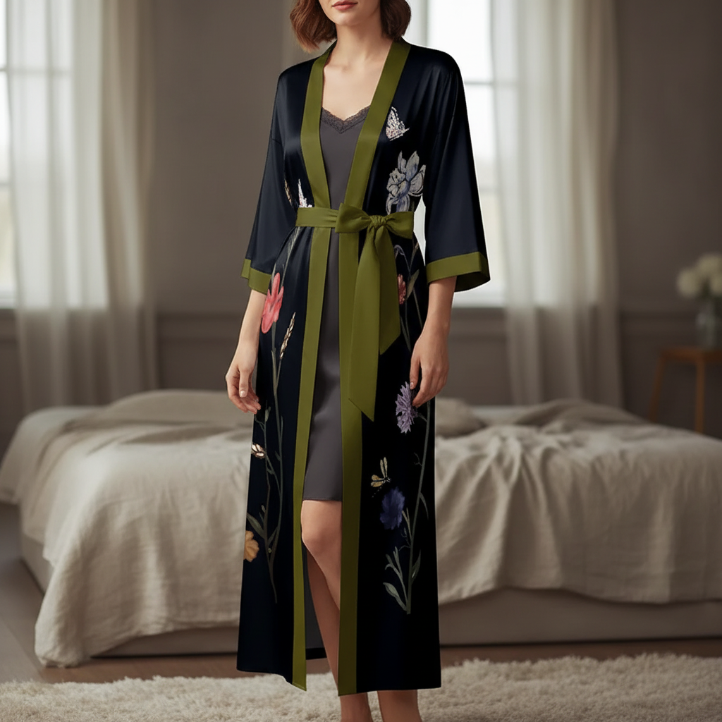 Long floral kimono robe with three quarter sleeves and adjustable waist tie