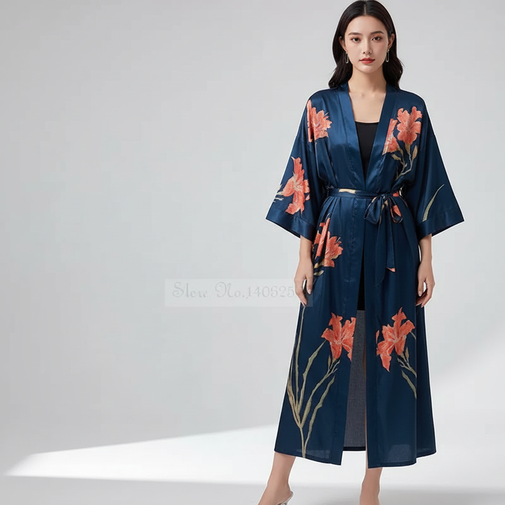 Long floral kimono robe with three quarter sleeves and adjustable waist tie