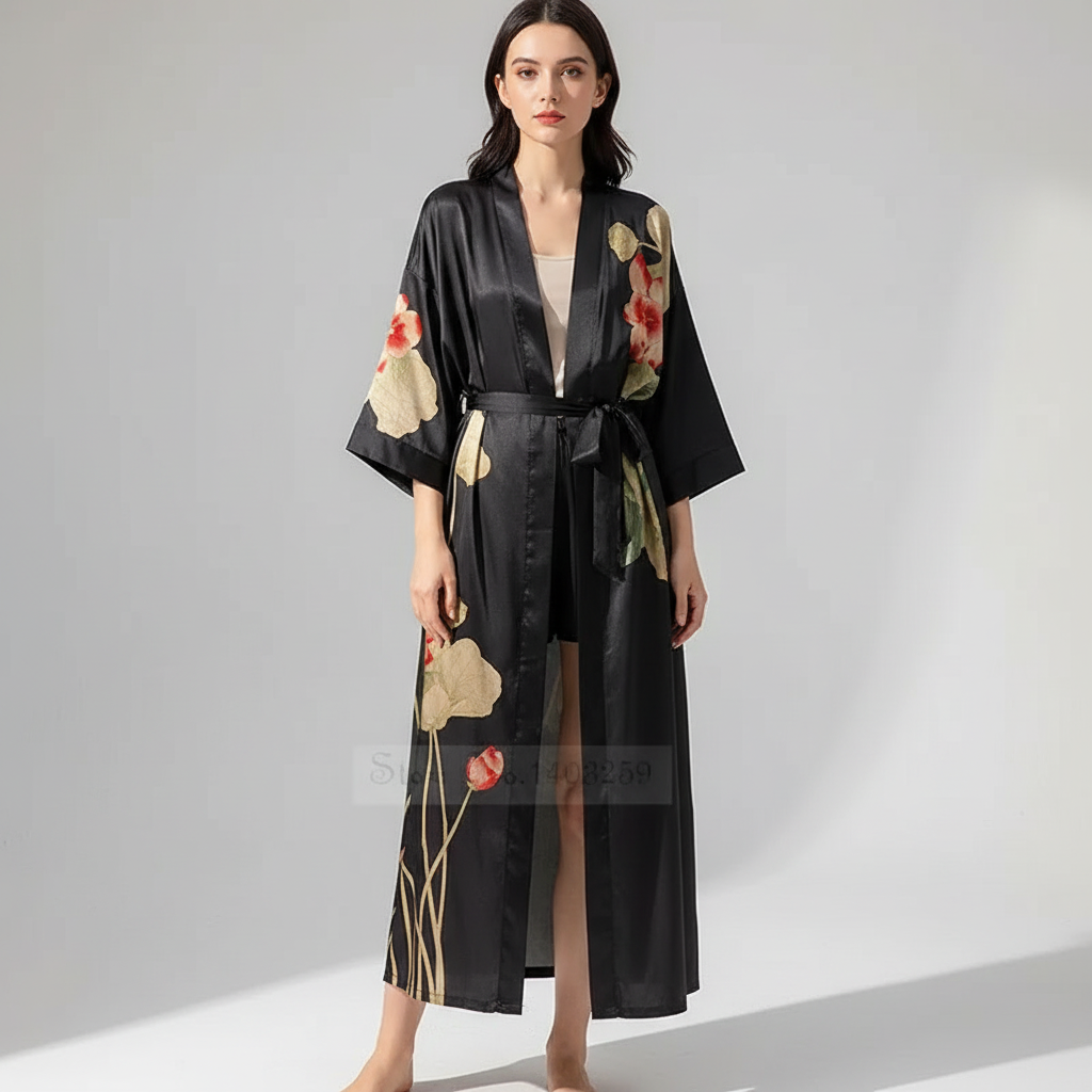 Long floral kimono robe with three quarter sleeves and adjustable waist tie