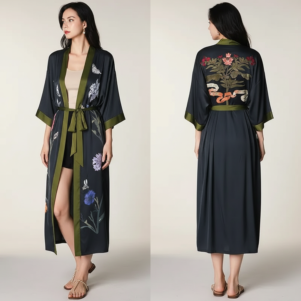 Long floral kimono robe with three quarter sleeves and adjustable waist tie