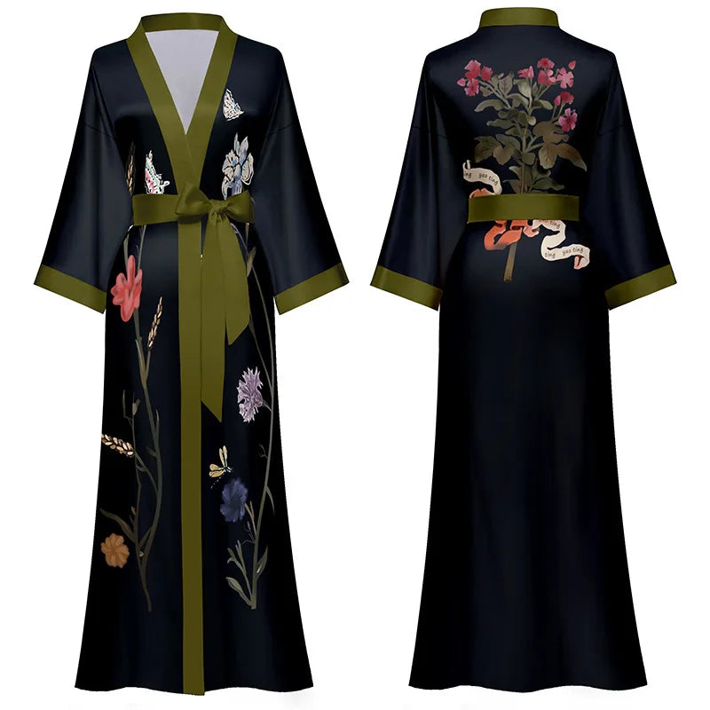 Long floral kimono robe with three quarter sleeves and adjustable waist tie