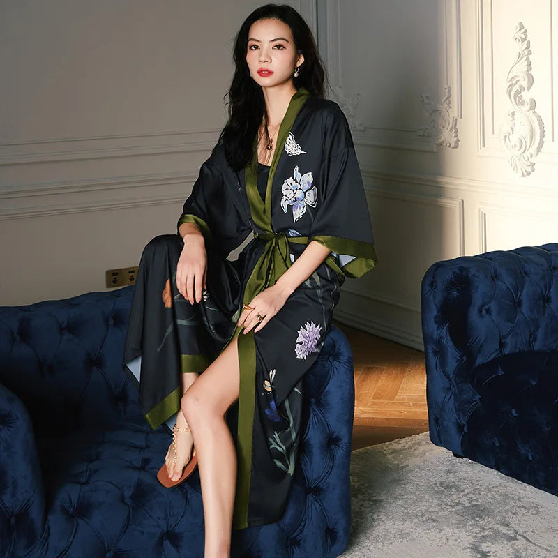 Long floral kimono robe with three quarter sleeves and adjustable waist tie