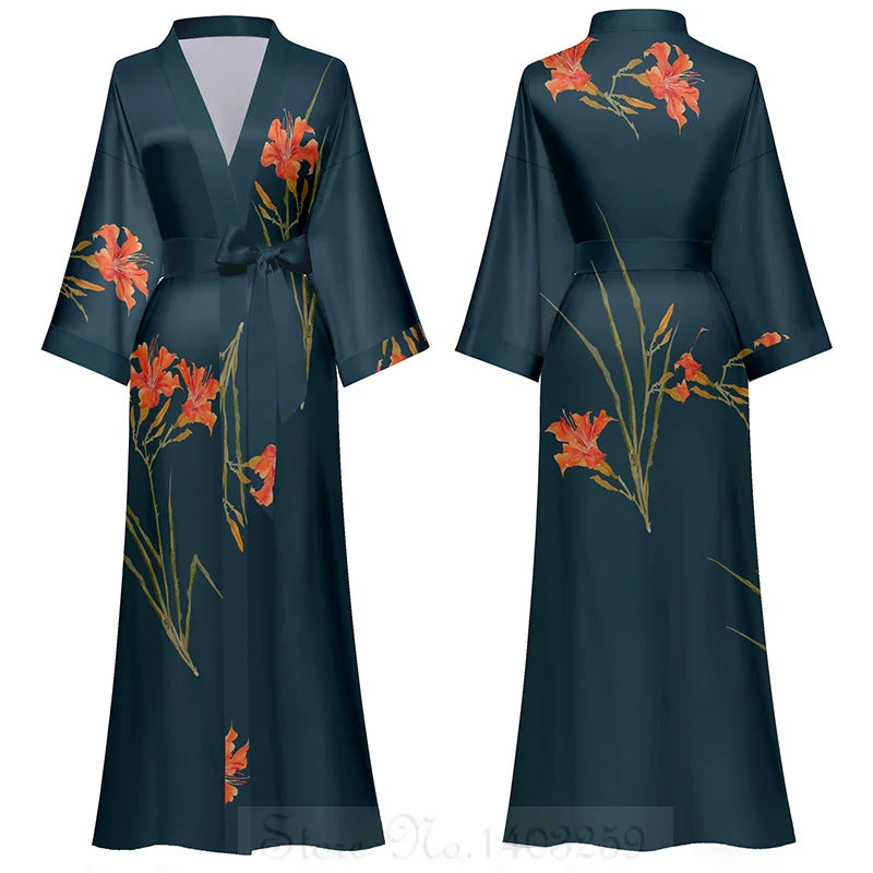 Long floral kimono robe with three quarter sleeves and adjustable waist tie
